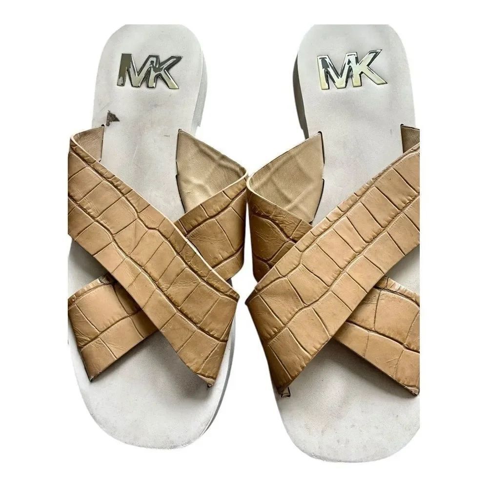 Michael Kors Womens Glenda Slide Sandals Leather Brown Shoes Flats 7M - Picture 2 of 8